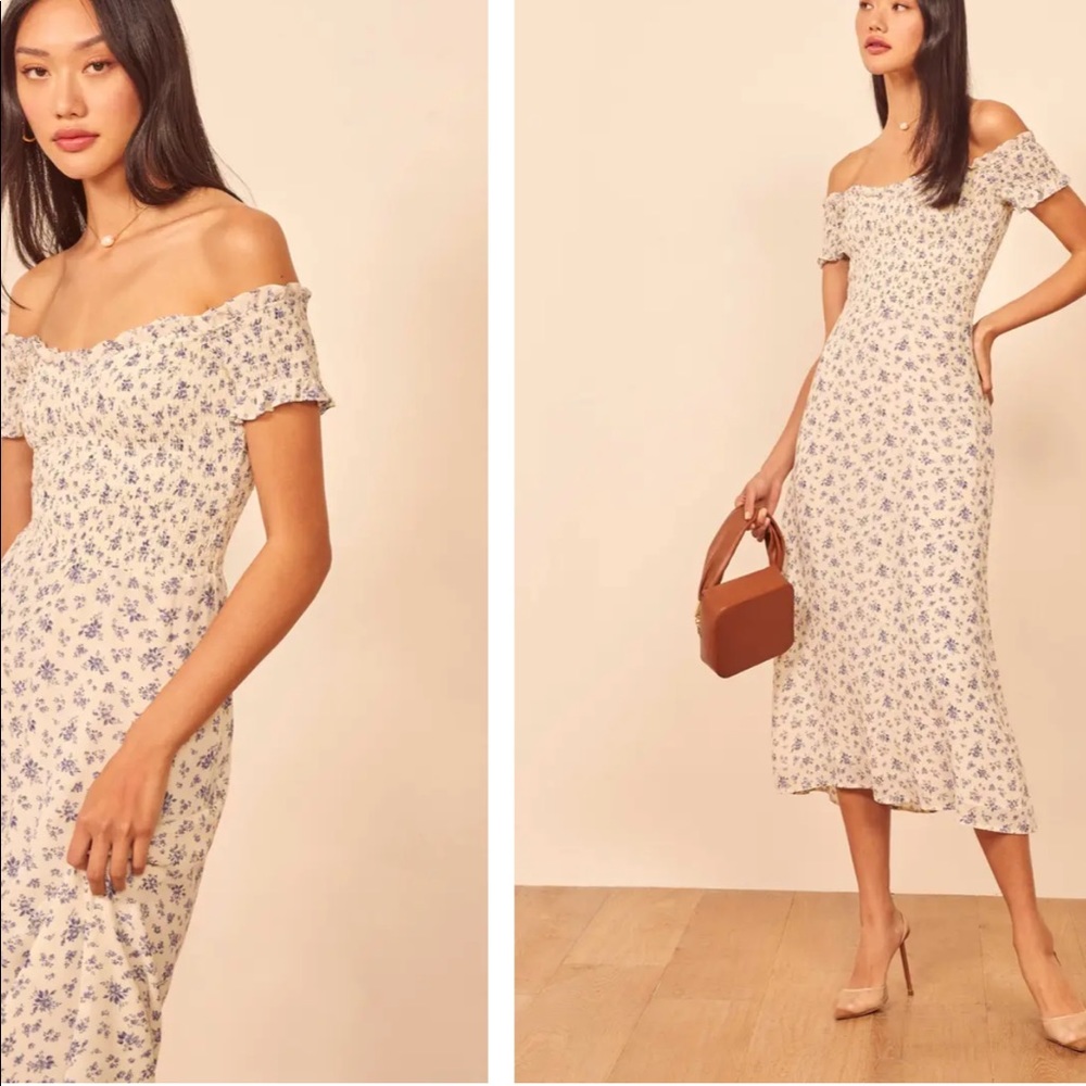 Reformation Cream Off-Shoulder Midi Dress with Blue Floral Print